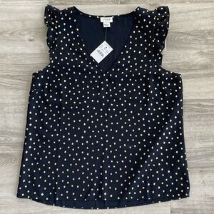 J CREW women’s flutter sleeve tank size 6 navy with gold dots/NWT
